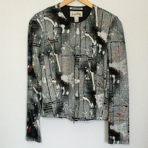 Joseph Ribkoff Newspaper Print Jacket Sz 6 Black White Ink Blotches Zip Lined - Picture 1 of 7